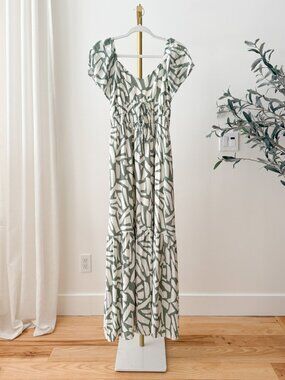 Sage the Label Al Fresco Ruched Maxi Dress | Green Abstract Print Smocked | L